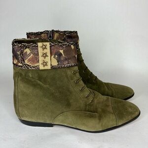 nando muzi Ankle Boots Women Size 8M Green Suede Cap Toe Lace Up Italy